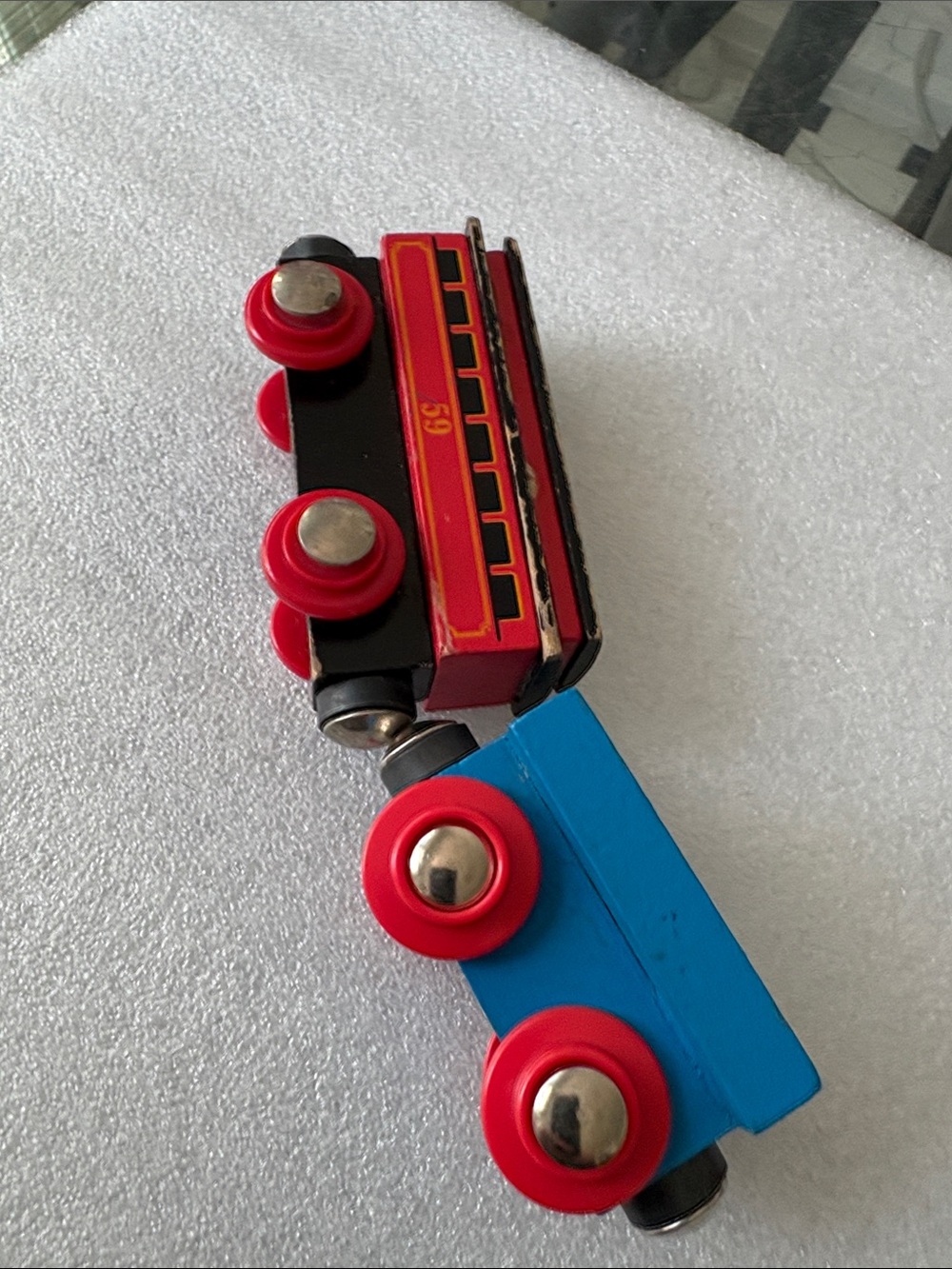 Kids Wooden Train Car Set - Red & Blue Pull-Along Cars